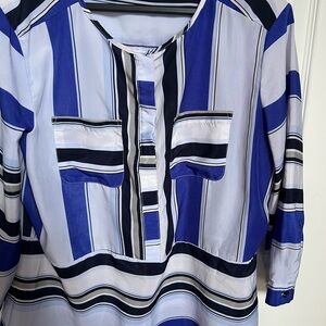 New York & Company White and Blue Boxy Blouse with Mandarin Collar